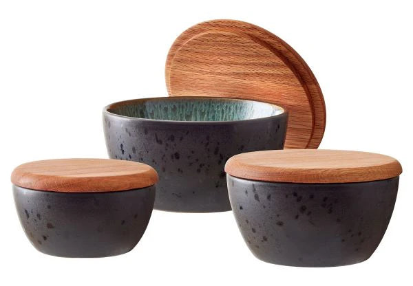 Bitz Living Stoneware Bowl With Lid Set 3 Pcs Black, Green